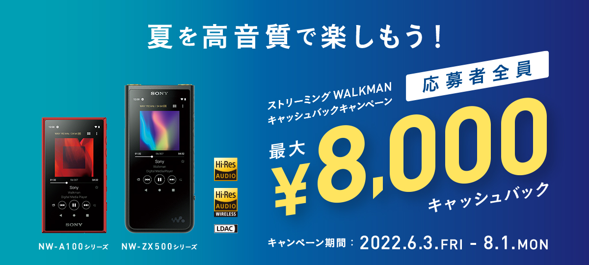 ウォークマン「NW-ZX500シリーズ」を購入すると8,000円、「NW-A100 